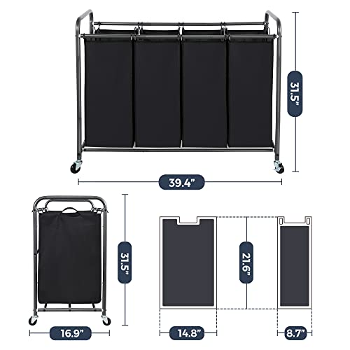 STO STO Laundry Sorter 4 Section, 4 Bag Clothes Hamper, Rolling Laundry Cart Basket with Heavy Duty Lockable Wheels and Removable Bag for Laundry Room, Bedroom, Closet, Black - color: Black, size: 4-Section