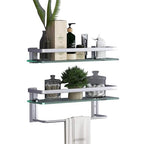 VOLPONE Glass Bathroom Shelf 15.7in Bathroom Shelf Wall Mounted Floating Glass Shelves with Towel Holder Glass Shelf for Bathroom 2 Tier (Sliver) - style: 2 tier with towel bar silver