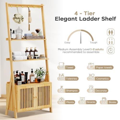 Bookcase with Drawers, 4-Tier Bamboo Bookshelf Ladder Shelf with 6 Hooks, Tall Narrow Book Shelf, 24.8"L x 10.6"W x 59.5"H, Standing Storage Organizer for Living Room, Home Office, Bedroom, Bathroom - color: 4-tier Natural