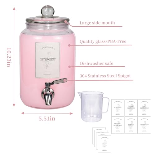 Large Liquid Laundry Detergent Dispenser with Spigots and Measuring Cups,108oz Leak-Proof Glass Fabric Softener,Reusable Glass Detergent Dispenser for Laundry Room Organizer and Storage(1)