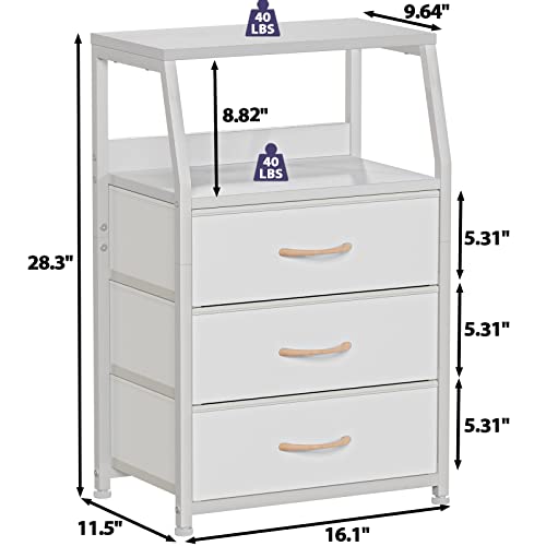 Furnulem White Nightstand with 3 Drawers and 2-Tier Shelf, Small Night Stand End Table Side Furniture, Fabric Storage Organizer for Bedroom, Closet, Hallway, Nursery, Sturdy Steel Frame, Wood Top - color: White, style: 3 Drawers