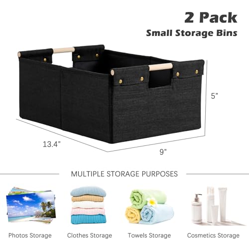 2PCS Storage Bins Cotton Linen Fabric Storage Boxes Basket with Wooden Handles Foldable Washable Decorative Shelf Container Closet Clothes Organizer Home Laundry (Small Size, Black) - color: Black, size: Small (Pack of 2)