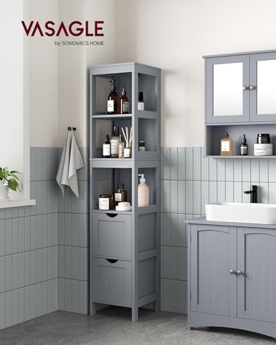VASAGLE Storage Cabinet, Storage Organizer Rack Stand for Bathroom, Living Room, Multifunctional Corner Unit, 2 Drawers, 55.7 Inches in Height, Dove Gray UBBC066G02 - color: Dove Gray, size: 55.7"H