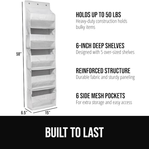 GORILLA GRIP Over The Door Organizer Storage, 5 Deep Hanging Shelves, Holds 50lbs, Closet Organizers Shelf for Bedroom, Shoes, Bathroom, Nursery, Dorm Essentials, 3 Metal Hooks, 58x15 Inches, White - color: White, size: 5 Shelf