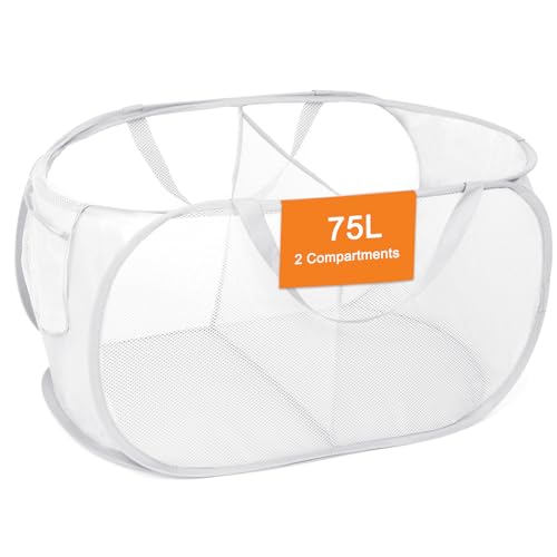 Durable Collapsible Foldable Mesh Pop Up Laundry Basket, 2 Compartments Easy to Carry & Sort Clothes Hampers for Home, Dorm, Travel White - color: White, size: 2 Compartments