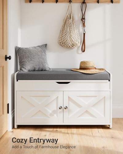 Pipishell Shoe Storage Bench, 2-Tier with Cushioned Seat, Entryway Bench with Adjustable Shelf & Barn Doors, 300 lbs Capacity, 31.5" x 15" x 18", for Entryway, Bedroom, Living Room, White - color: White, size: 2 doors- 31.5" W x 15" D x 18" H