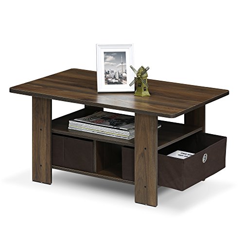 Furinno Andrey Coffee Table with Bin Drawer, Columbia Walnut/Dark Brown - color: Columbia Walnut/Dark Brown, style: 2 Bin