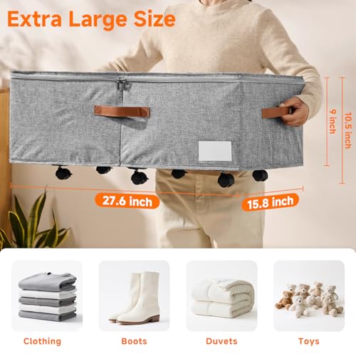 60L Large Under Bed Storage with Wheels Pack of 2, Underbed Shoe Container Bin with Clear Lid Cover, 10.5 Inches Rolling Under Bed Drawer Storage Bag Basket for Boots Quilt Sweater - Grey - color: Grey, size: 10.5 Inches Tall