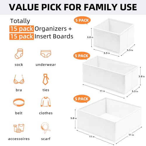 Criusia Closet Drawer Organizer Clothes, 15 Pack White Dresser Organizer for Baby Clothes, Fabric Drawer Dividers for Nursery Bedroom - color: White