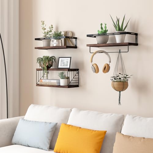 Fixwal 3+1 Tier Wall Mounted Bathroom Shelves Over Toilet, Rustic Wood Floating Shelves with Metal Frame and Towel Bar for Bathroom, Kitchen, Bedroom, Living Room (Dark Brown) - color: 6-dark Brown
