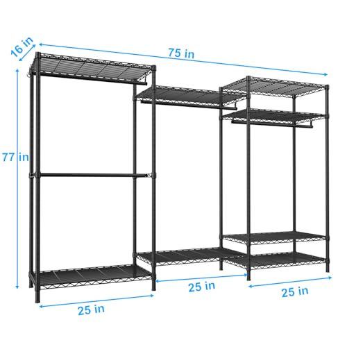 Ulif E13 Pro Heavy Duty Clothes Rack（With 4 Hanger Rods & 8 Shelves） Freestanding Clothing Racks for Hanging Clothes，Adjustable Closet，Metal Garment Rack 75" W x16 D x77 H，Max Load 1000LBS，Black - color: Black, size: E13 Pro