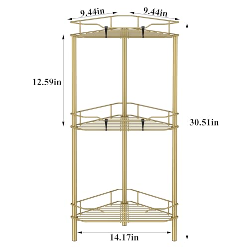 HuggieGems 3 Tier Floor Standing Corner Shower Caddy Organizer Shelf with Hooks, Bathroom Shelves Stand Rack, Gold - color: Gold, size: 3 Tier