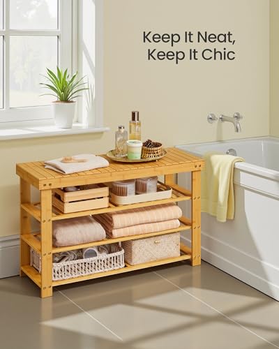SONGMICS Shoe Rack Bench, 4 Tier Bamboo Shoe Storage Organizer, Entryway Bench, for Living Room, Bathroom, Bedroom, 11.3 x 35.2 x 20.5 Inches, Light Bamboo ULBS390YL01 - color: Light Bamboo, size: 11.3"D x 35.2"W x 20.5"H