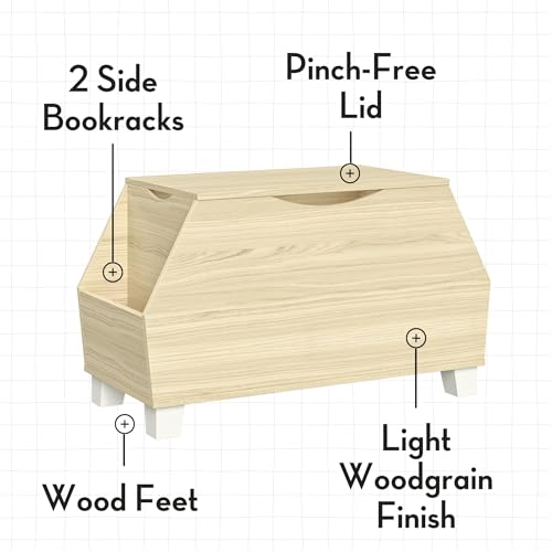 RiverRidge Kids Catch-All Collection Toy Box with Side Book Shelves Child-Safe Toy Storage Organizer with Childrens Bookshelf Side Slots for Kids Game and Book Storage - Light Woodgrain - color: Light Woodgrain