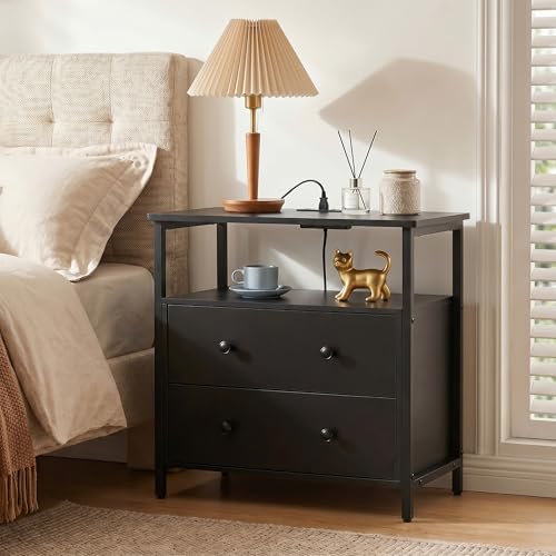 Edbuosy 27 inch Wide Night Stand with Charging Station, Bedside Table with Open Shelf, 2 Drawers Small Wood Dresser, Modern Wood Nightstand for Bedroom/Living Room (Black) - color: Black, size: 2 Drawers