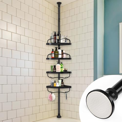 Corner Shower Caddy Tension Pole, Rustproof Bathtub Storage Organizer with 4 Adjustable Shelves, Bathroom Shower Rack Shampoo Holders for Inside Shower, 40"-120" Floor to Ceiling Shower Caddy Black - color: Black