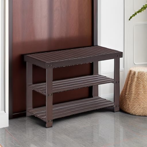 SONGMICS Shoe Rack Bench, 3-Tier Bamboo Shoe Storage Organizer, Entryway Bench, Holds Up to 286 lb, 11.3 x 27.6 x 17.8 Inches, for Entryway Bathroom Bedroom, Brown ULBS04Z - color: Brown, size: 27.6"W