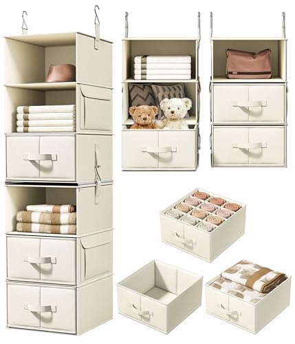 Vailando 6-Shelf Hanging Closet Organizer with 3 Drawers, 2 Separable 3-Shelf Closet Organizers and Storage for Wardrobe Organization, Hanging Dresser for Nursury & Dorm Clothes Organizer, Beige - color: Beige, size: 6-Shelf Separable