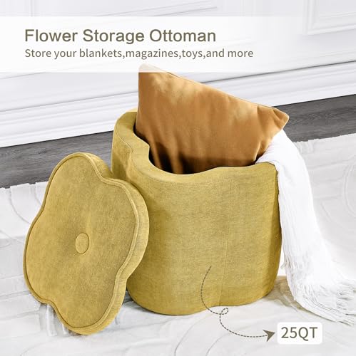 Crestview Collection 18" Flower Foot Rest Ottoman with Storage,Chenille Fabric Pouf Ottoman for Home Decor, Vanity Stool, Extra Seating for Living Room, Bedroom, Entryway, Spice Yellow - color: Spice Yellow