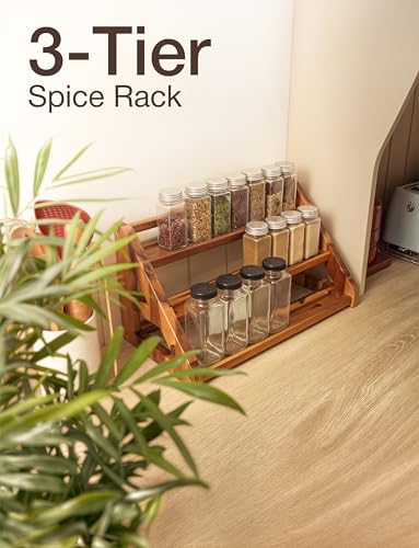 Tinamo Acacia Wood Spice Rack for Countertop - Wooden Tray Holds 24 Jars Spice Racks Organizer for Storage Shelf - 3 Tiered Spice Rack Organizer for Cabinet - Spice Shelf for Kitchen Pantry (Acacia) - color: Acacia