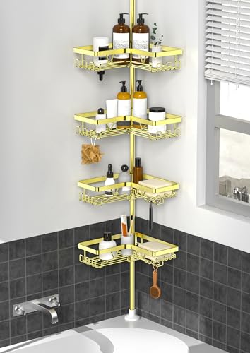 KEGII Corner Gold Shower Caddy Tension Pole - 4-Tier Rustproof Shower Rod Organizer, Floor to Ceiling Tension Rod 25-114.2 inch, Stainless Steel Corner Shower Shelf, Waterproof - style: Tension Caddy - Gold