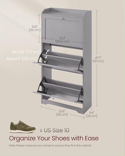 VASAGLE Shoe Cabinet with 3 Flip Drawers, Shoe Organizer, Adjustable and Removable Dividers, Holds 12-20 Pairs, Entryway, 9.4 x 23.6 x 47.7 Inches, Dove Gray ULBC036GD02S - color: Dove Gray, size: 9.5"D x 23.6"W x 47.7"H, style: shoe cabinet
