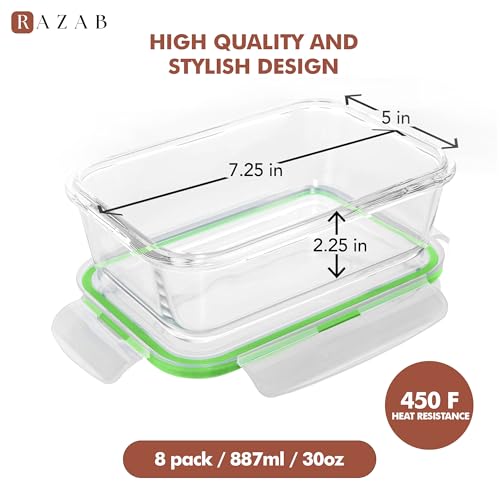 Razab 16 Pc (Set of 8) 30 Oz Glass Meal Prep Containers with Lids, Airtight Large Glass Food Storage Containers, Reusable Leak Proof BPA Free, Freezer to Oven and Dishwasher Safe - color: Green