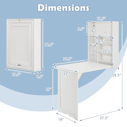 Tangkula Foldable Wall Mounted Desk, Floating Table with Storage Shelves & Hooks, Space-Saving Fold-Up Murphy Desk for Small Spaces, Home Office, Dorm Room - color: White