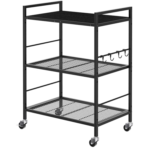 3-Tier Metal Storage Rack with Industrial Wheels,Mesh Shelving Unit with Wooden Table top,Adjustable Shelf,23.6-Inch Width,15.8-Inch Depth, for Kitchen, Laundry,Pantry,Plant,Black panel - color: Black Panel, size: 3 Tier (23.6"W x 15.8"D)