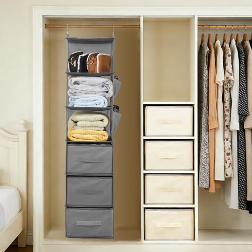 Garvee Hanging Closet Organizer with Drawers, 3-Tier Non-Woven Fabric Storage Shelves, Foldable Closet Organizer for Bedroom, 11.8x11.8x47.2 Inches, Grey - color: Beige