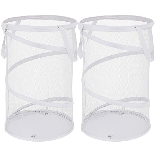 BATTOO 2 Pack White Large Collapsible Laundry Basket Foldable Mesh Pop Up Hamper with Handles for Laundry Room, Bathroom, Kids Room, College Dorm, Travel, Camping, Gift Basket - color: 2 x White, size: 13 x 23.7 inch