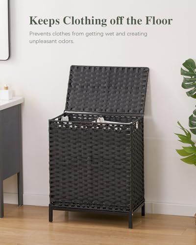 SETVSON Laundry Hamper with Lid, 112 L Handwoven Rattan Wicker Laundry Basket, 2 Removable Liner Bags Metal Heightened Feet, 6 Mesh Bags, 2 Section Large Clothes Hamper for Bathroom Bedroom, Black - color: Black, size: 112 L - 29.6 gal
