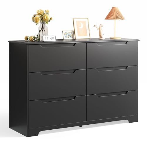 Gizoon 6 Drawer Double Dresser for Bedroom with Anti-Tip Design, Modern Wide Wooden Chest of Drawers with Cut-Out Handles, Closet Storage Organizer and TV Stand for Living Room, Hallway, Entryway - color: Black, size: 15.7"D x 47.3"W x 31.5"H (6 Drawers)