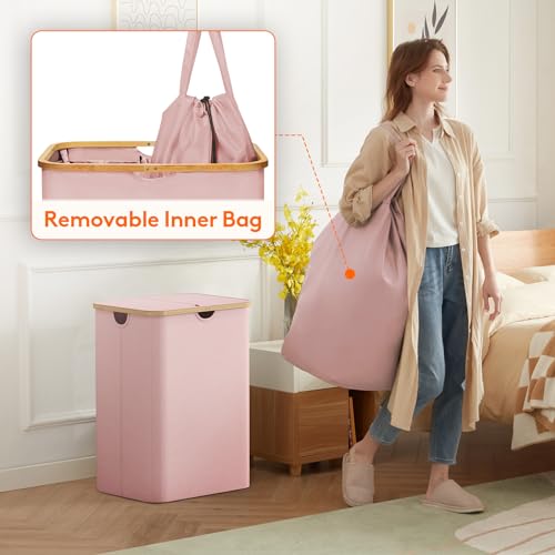 Lifewit 150L Laundry Basket with Lid, Clothes Hampers for Laundry with Bamboo Handles and 2 Removable Bag, Large Foldable Laundry Hamper for Bedroom, Bathroom, Dorm, Laundry Room, Pink - color: Pink, size: 150L