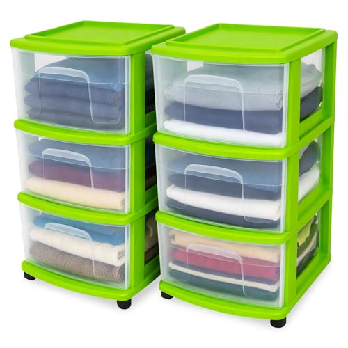 HOMZ 2-Pack Drawer Tower, 3-Tier Clear Plastic Storage Organizer Cart, Bold Lime Frame - Organizing Containers with Wheels for Home, Bathroom, Bedroom, Office, and Classroom - color: Bold Lime, size: 2 Pack