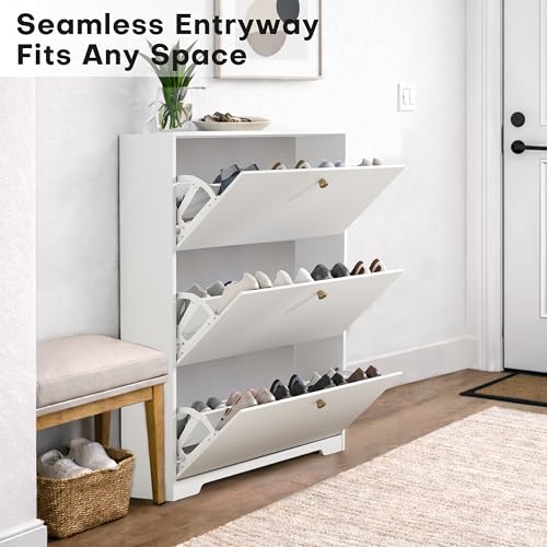 Nicetree Shoe Cabinet with 3 Flip Drawers, Narrow Shoe Organizer Cabinet, Freestanding Shoe Rack Cabinet, Morden Shoe Storage Cabinet for Entryway, Hallway, Foryer, White with Hook - color: White, style: 3-Drawers with Hook