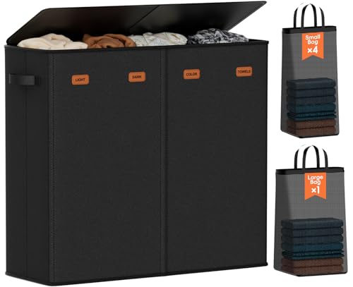 Laundry Hamper 4-Section with Lid, 185L Laundry Sorter with 4 Removable Bags + 1 Extra Large Bag, Switchable 3/4 Compartment, Laundry Basket Organizer for Bedroom, Laundry Room，Black - color: Black, size: 185L - 4 Section