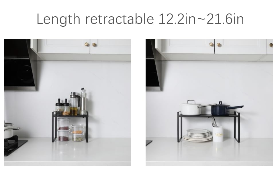 Expandable Cabinet Shelf Organizer Riser for Kitchen Pantry Cupboard Under Sink Countertop (black, 8.2’’D * 12.2-21.6’’W * 10.4’’H) - color: Black, size: 8.2''D * 12.2-21.6''W * 10.4''H
