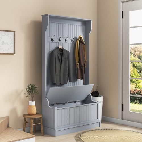 HOMCOM Hall Tree with Bench and Shoe Storage, 3-In-1 Entryway Bench with Coat Rack, 5 Hooks and Flip Top Storage Compartment, Gray - color: Grey, size: 38"