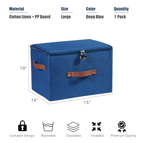 Storage Bins Boxes with Zipper Lid Combination Lock PU Leather Handles Cotton Linen Fabric Lidded Lockable Baskets Foldable Washable Closet Shelf Organizer Container (Deep Blue, Large) - color: Deep Blue, size: Large ( Set of 1 )