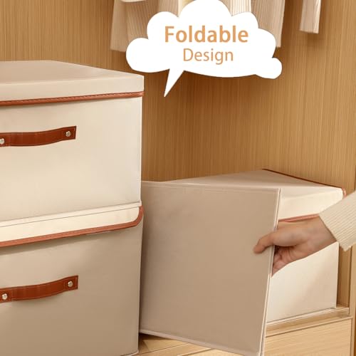 Tuza 4 Pack Large Fabric Storage Bins with Lids, Foldable Storage Boxes with Lids for Organizing, Decorative Storage Boxes with Handles for Home, Bedroom, Closet, Office(Khaki, Large) - color: Khaki, size: 4 Pack - Large