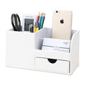 KINGFOM Desk Organizer Office Supplies Caddy Pu Leather Multi-function Storage Box Pen/Pencil,Cell phone, Business Name Cards Remote Control Holder with Small Drawer White - color: White