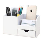 KINGFOM Desk Organizer Office Supplies Caddy Pu Leather Multi-function Storage Box Pen/Pencil,Cell phone, Business Name Cards Remote Control Holder with Small Drawer White - color: White