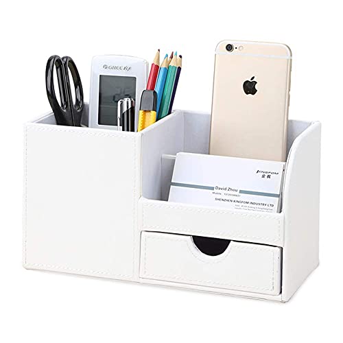 KINGFOM Desk Organizer Office Supplies Caddy Pu Leather Multi-function Storage Box Pen/Pencil,Cell phone, Business Name Cards Remote Control Holder with Small Drawer White - color: White