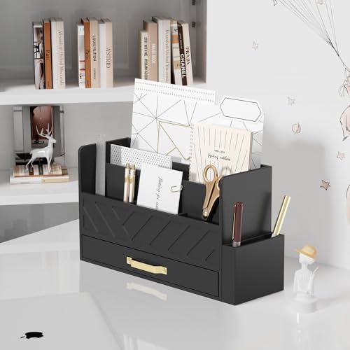 WISUCART Bamboo Desk Organizer Mail Holder Countertop Wood Desk Drawer Tabletop Storage Box Pen Holder Letter Sorter Makeup Organizer for School Home Office Supplies with Pen Holder Black - color: Black with Pen Holder