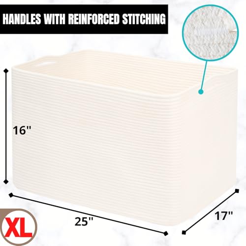 MINTWOOD Design 112L Extra Large Blanket Basket Holder Living Room, 25"x17"x16" Rectangle Rope Woven Storage Basket with Handles for Laundry, Towels, Shoes, Dog Toy Organizer Bin Box, Creamy White - color: Creamy White