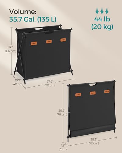 SONGMICS Laundry Hamper, Laundry Basket, 35.7 Gal. Laundry Sorter 3 Sections, Collapsible X-Frame, Clothes Organizer with Customizable Labels, Laundry Room, Bedroom, Bathroom, Ink Black ULCB130B01 - color: Ink Black, size: 135 L