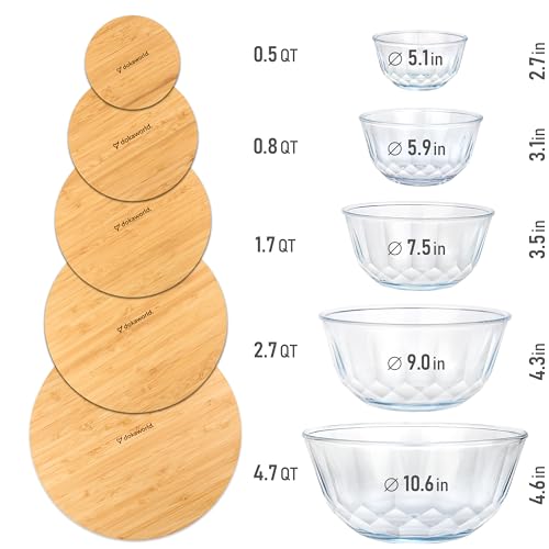 Large Stackable Set of 5 Nesting Glass Bowls with Bamboo Lids for Foodprep, Storage, Baking, Sourdough Mixing & Cooking. Microwave & Oven Safe Heat Resistant Inert Borosilicate Glass - color: 5 Mixing Bowls with Bamboo Lids (Diamond)