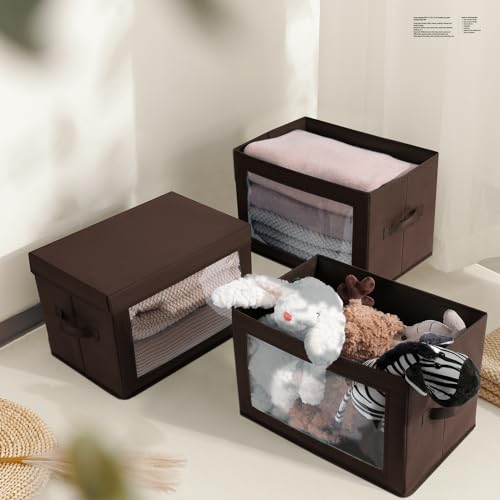Homsorout Foldable Storage Boxes with Clear Window - Clothes Organizers and Decorative Bins with Lid, Fabric Storage Cube, Baskets for Shelves, Yarn, Home, Brown, 3 Pack - color: Brown, size: L(3-Pack)