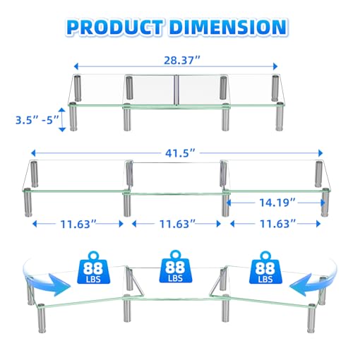 Simple Trending Dual Monitor Stand Riser, Computer Office Desktop Organizer for 2 Monitors with Tempered Glass, Adjustable Length and Angle Stand for Laptop,Printer,TV - size: 41.5 x 9.5 x 5 inches